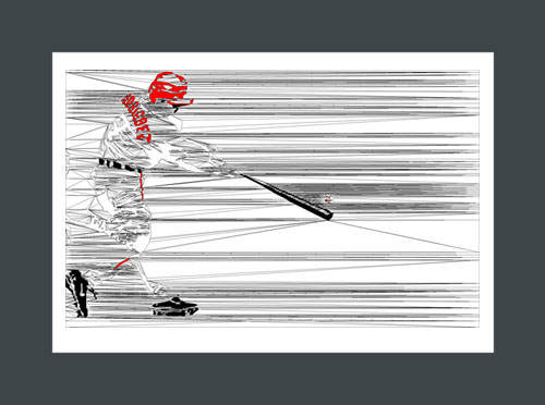 Baseball art print of a baseball batter swinging at a pitch.