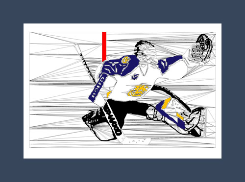 Hockey art print of a hockey goalie making a glove save.
