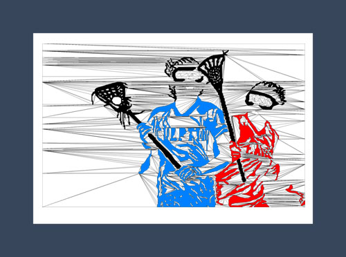 Lacrosse art print of a pair of female lacrosse players battling it out.