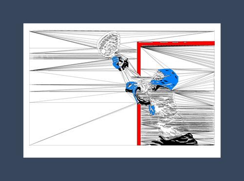 Lacrosse art print of a lacrosse goalie taking a pass from the opposing team.