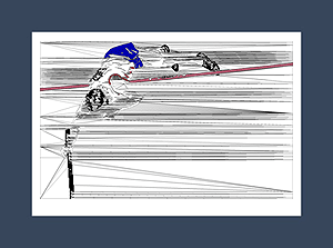 Track art print of a pole vaulter in fly-away mode over cross bar.