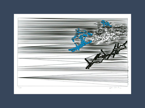 Ski art print of a skiers with flying snow and shadows.