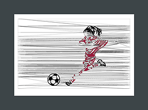 Girls soccer art print of a soccer player about to kick a ball.