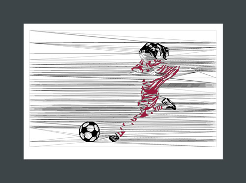 Girls soccer art print of a soccer player in maroon, about to kick a ball.