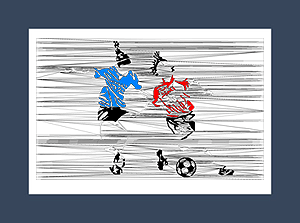 Soccer art print of a pair of soccer players battling after a soccer ball.
