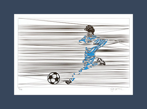 Boys soccer art print of a soccer player in blue, about to kick a ball.
