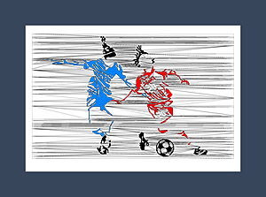 Soccer art print of a pair of soccer players battling after a soccer ball.