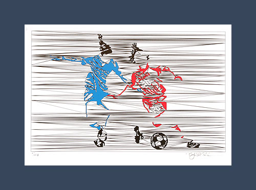 Soccer art print of a pair of soccer players, going after the soccer ball.