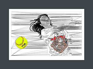 Softball art print in whiteand red of a softball player throwing a softball.