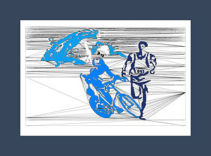 Triathlon art print of triathlete in multiple blues of a tri event.