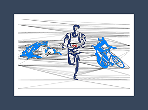 Tri art print of male triathlete focusing on the present discipline.