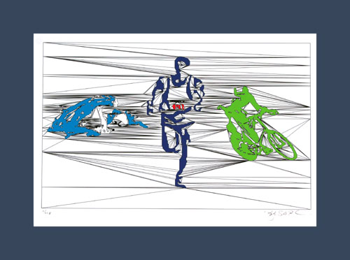 Triathlon art print of an Ironman triathlete depicted in each discipline.