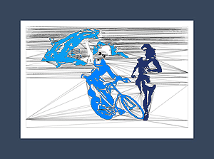 Triathlon art print of female triathlete in multiple blues of a tri event.