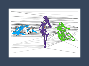 Triathlon art print of an Ironwoman triathlete depicted in each discipline.