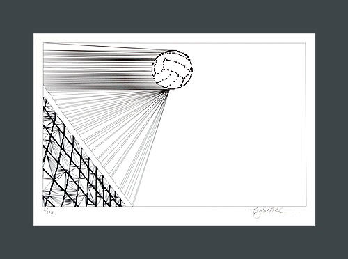 Volleyball art print of a volleyball flying over the net in free space..