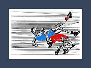 Wrestling art print in blue and red of a wrestler performing a suplex move.